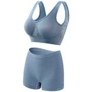Virmaxy Womens Wirefree Sport Bras Boxer Shorts Set High Impact Hollow Out Workout Gym Activewear Set Workout Gathering Seamless Breathable Sports Underwear Panty Set Blue XXL